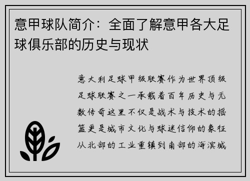 意甲球队简介：全面了解意甲各大足球俱乐部的历史与现状